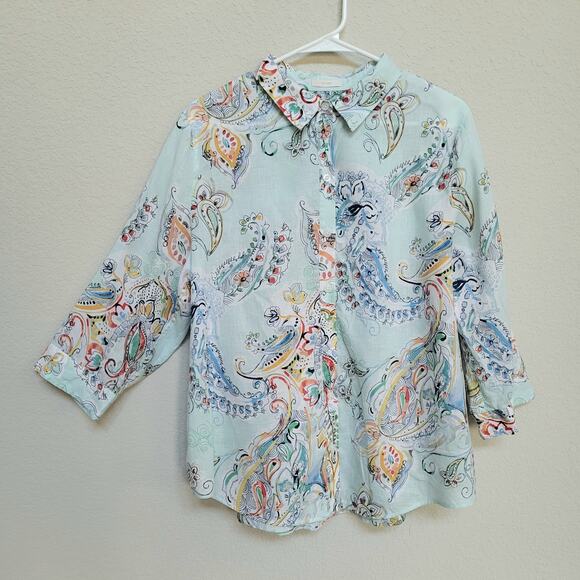 Chico's Button Up Shirt Womens Chicos 3 / XL 16 Linen Paisley Summer Multicolor - Picture 1 of 13